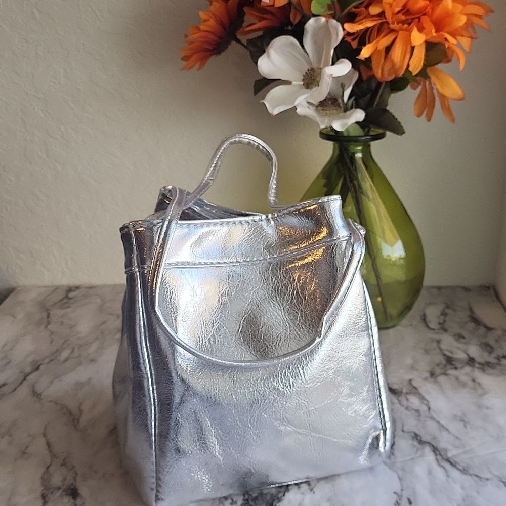 Mini Fashion Lace Bucket Bag Silver Vegan Leather Elegant Handbag Fashion Trend